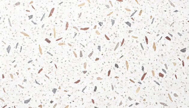Terrazzo flooring surface with white background and scattered multi-colored stone chips