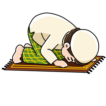 Muslim boy prostrating in sujud position prayer vector illustration