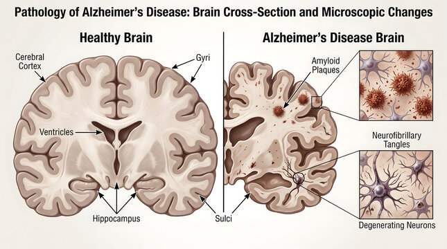 Detailed visual comparison illustrating the pathology of Alzheimer's disease, showing a healthy brain cross-section next to a diseased brain with key microscopic cellular damage