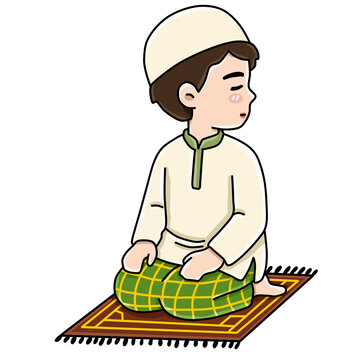 Muslim boy sitting in prayer looking side salam position vector