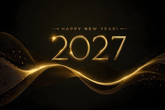 Happy new year 2027 gold text with luxury glowing wave lines on a dark black background for festive holiday celebration greeting card design and banner invitation template