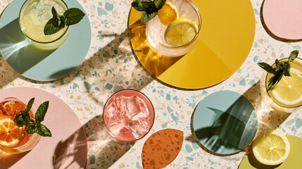 Fototapeta premium A modern editorial composition on pale terrazzo featuring geometric placement of lemonade variations and colorful garnishes
