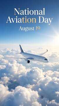 Vertical poster layout of a commercial passenger airplane flying above clouds for National Aviation Day on August 19.