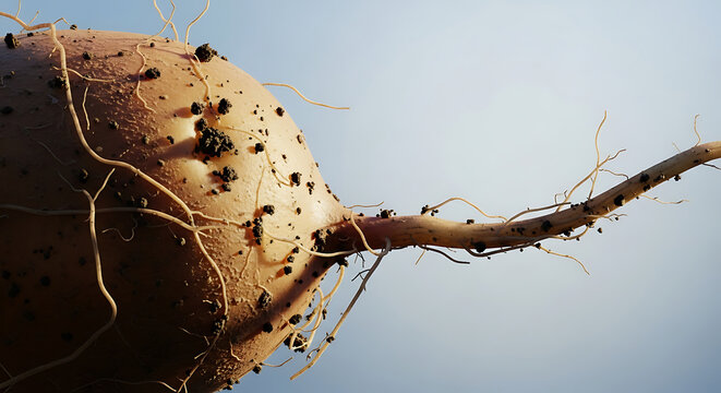 Raw turnip root with attached fibrous roots and soil vegetable agriculture
