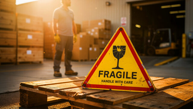 Fragile handle with care sign on wooden pallet in warehouse. Logistics worker standing near boxes in shipping yard during sunset. Supply chain safety concept for transportation marketing.