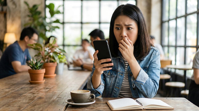 Young Asian woman, wide-eyed and covering her mouth, reacts with shock to unsettling news, a viral meme, or impactful advertising on her smartphone in a modern cafe.