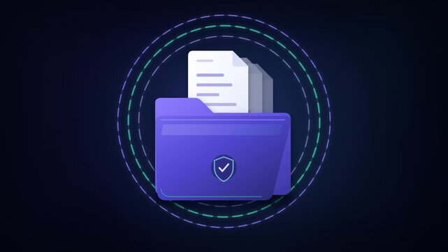 Secure digital folder with orbiting shield, lock, and key icons in a seamless loop