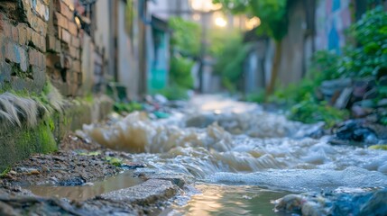 Fototapeta premium Floodwater rushing through a narrow urban alley after heavy rainfall, highlighting flash flooding, extreme weather, climate change, drainage infrastructure, natural disaster, and environmental risk.