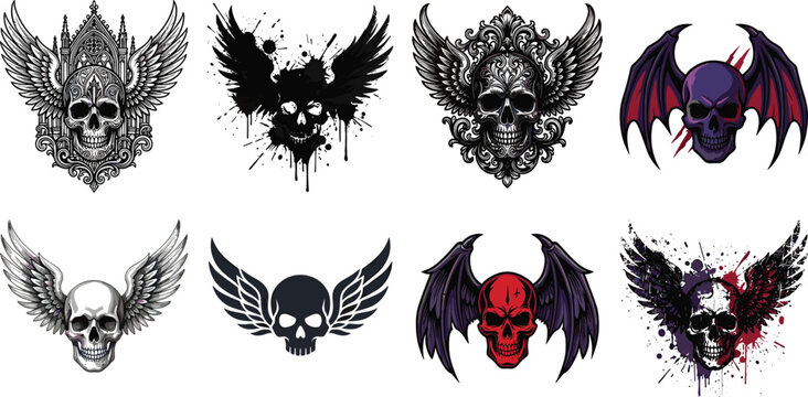 Gothic skull with wings vector illustration set featuring dark fantasy emblem designs and grunge paint splatters