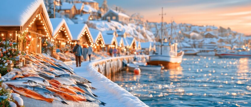 Traditional Nordic fish market along a snowy harbor at sunset, showcasing fresh seafood, charming waterfront cabins, winter tourism, coastal culture, and authentic fishing village life.