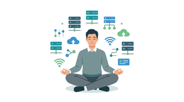 Calm IT professional meditating with floating server and cloud network icons flat vector illustration.
