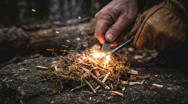 Close-up of a persons gloved hand striking a ferro rod to create sparks for fire starting.