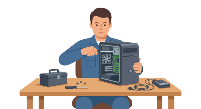 Professional computer technician repairing a desktop PC workstation using a screwdriver flat vector illustration.
