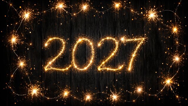 2027 written with glowing sparklers on a dark wooden background for a festive new year celebration and holiday greeting card design