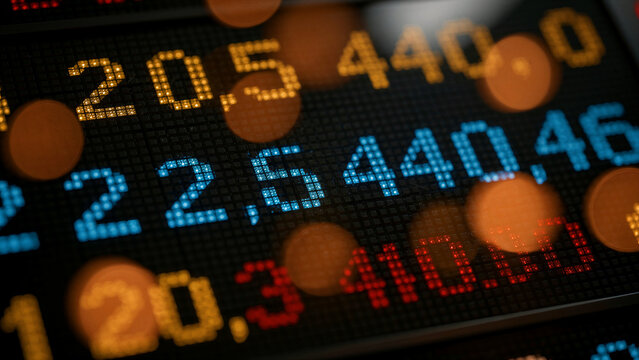 Financial data display with glowing numbers on a dark screen. Digital stock market ticker showing trading values and exchange rates. Global economy concept for finance news and crypto marketing.
