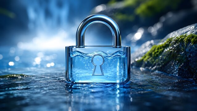 Environmental security concept featuring a transparent water padlock symbolizing liquid asset protection and sustainable water resource conservation