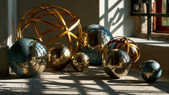 Abstract metallic spheres and golden wire sculptures in sunlight