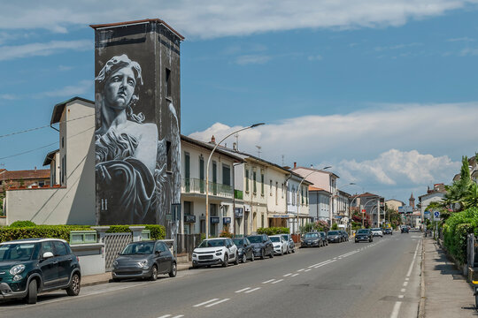 The Enel Santa Maria electrical substation in Empoli, Florence, Italy, with a large decoration inspired by the literary works of the writer Dante Alighieri