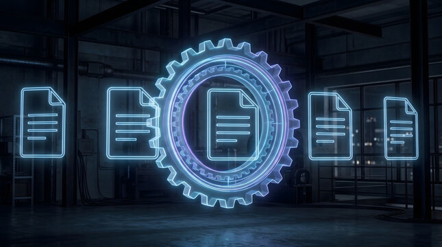 Holographic automation gear processing documents to represent digital workflow optimization and operational efficiency