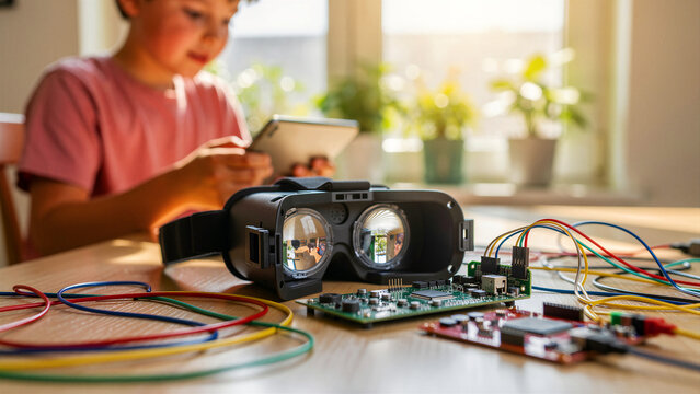 VR headset and circuit boards on a table with a child in the background. Young student learning electronics and VR development at home. STEM education concept for tech learning ads.