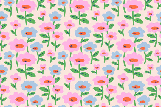 Seamless pattern with abstract colorful flowers on bright background