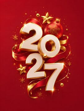 Shiny 3d numbers 2027 for new year celebration with golden stars and red ribbons on a festive background for holiday greeting card design
