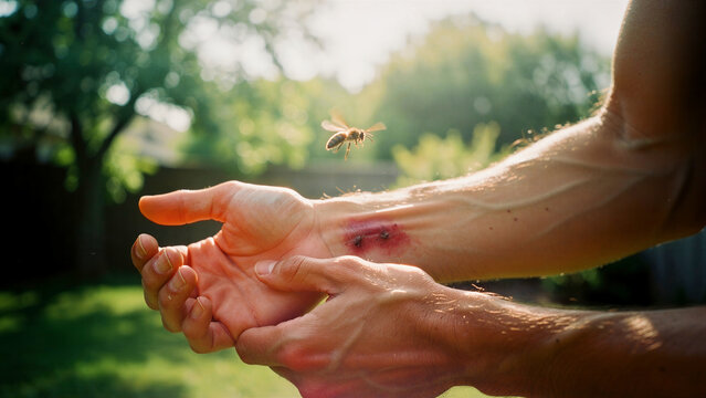 Bee sting wound on a man's wrist outdoors. Honeybee flying near painful red skin inflammation and swelling. Insect bite allergy and first aid concept for health and safety education.