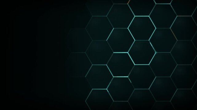 Teal hexagonal grid pulses with moving highlights on a dark seamless background