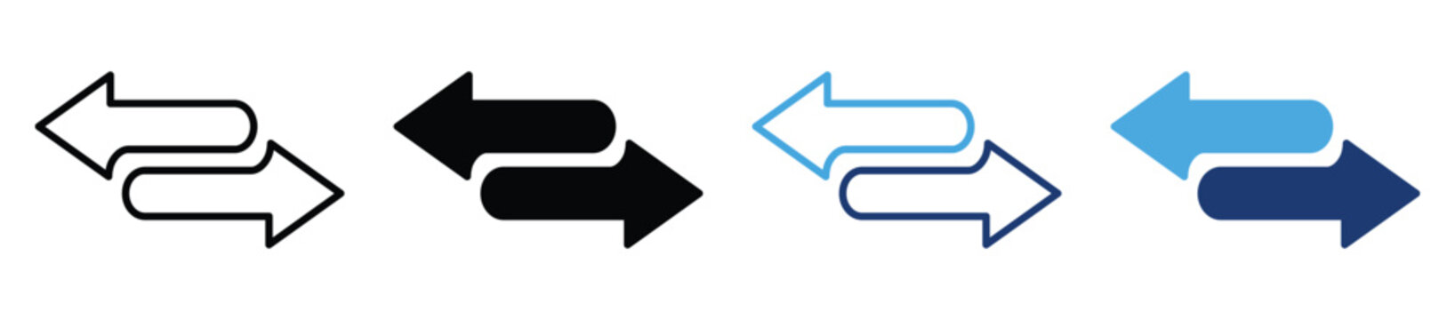 Two way transfer arrows icon set. Bidirectional exchange, data sync, upload download, import export, directional flow and communication symbol. Vector illustration isolated on transparent background