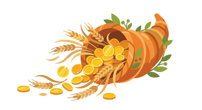 Stylized cornucopia pouring out golden coins and wheat stalks for financial abundance flat vector illustration.