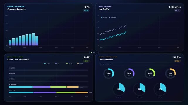 Cloud infrastructure dashboard animates capacity, traffic, cost, and service metrics