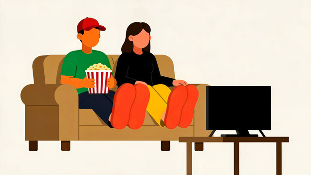 Couple sitting on a couch watching television while eating popcorn. Man and woman enjoying movie night in a cozy home setting. Home entertainment concept for streaming and lifestyle content.