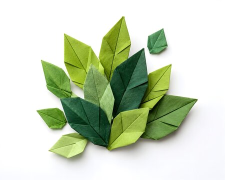 Origami Leaf Cluster Folded from Green Paper Isolated on White Background