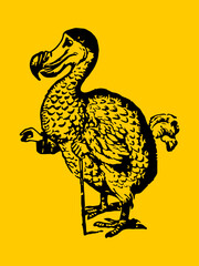 A high-contrast black stencil illustration of a dodo bird in an anthropomorphic pose, leaning on a cane, against a solid yellow background. © OnePencils