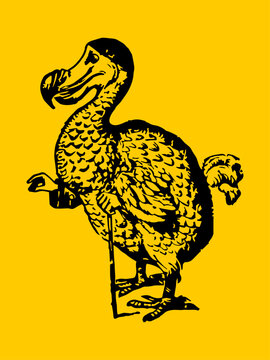 A high-contrast black stencil illustration of a dodo bird in an anthropomorphic pose, leaning on a cane, against a solid yellow background.