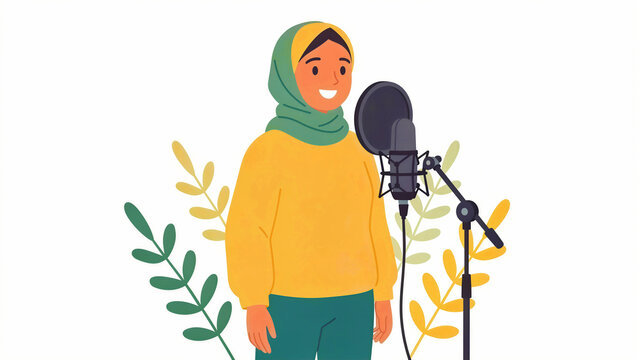 Young woman in hijab speaking into studio microphone. Muslim female recording podcast or voiceover illustration. Media diversity concept for audio production marketing.