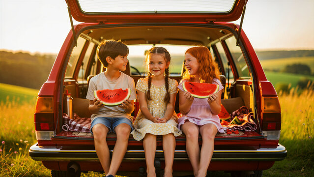 Three children sitting in a red car trunk eating watermelon. Diverse kids laughing during a summer road trip in the countryside. Childhood vacation concept, ideal for family travel marketing.