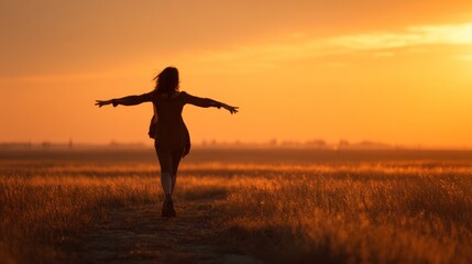 Fototapeta premium Woman enjoying sunset in golden field