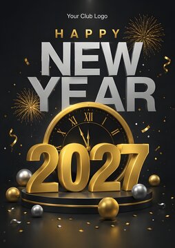 Happy new year 2027 celebration poster with gold clock and shiny metallic numbers on a dark background with fireworks and confetti for club event invitation design template