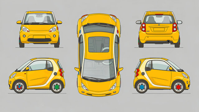 Yellow microcar illustration with multiple orthographic views. Front, rear, side, and top views of a compact city car. Automotive design concept for vehicle wrapping and technical mockups.