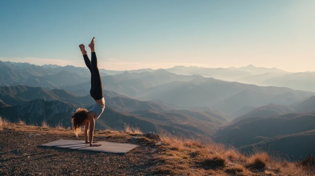 Woman practicing yoga mountain landscape