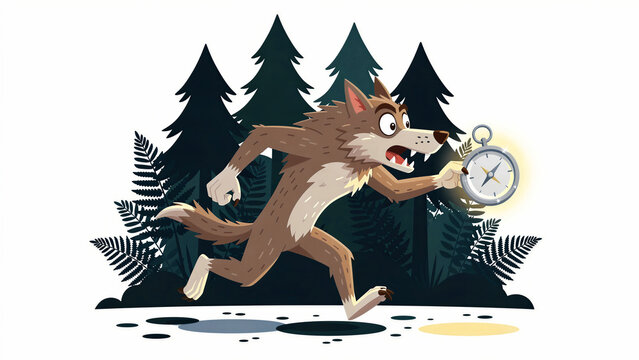 Cartoon wolf running through a forest holding a compass. Character looks panicked and lost while navigating pine trees. Orientation concept for adventure, navigation, and time management media.