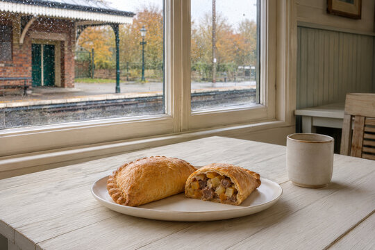 Disfrutar de un pastel de Cornish en un d&iacute;a lluvioso en una estaci&oacute;n de tren