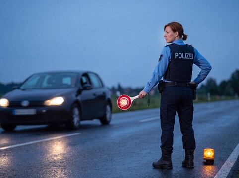 Kelle heben am Stra&szlig;enrand einer Landstra&szlig;e in der D&auml;mmerung