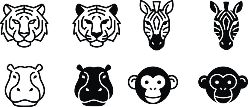 Minimalist wild animal head icons, set of 8 safari animal vector illustrations, black and white tiger zebra hippo and monkey line art symbols
