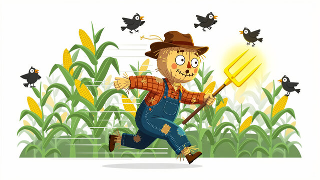 Cartoon scarecrow running through a cornfield holding a glowing pitchfork. Character chasing black crows among ripe corn stalks. Humorous harvest concept for autumn events and kids media.