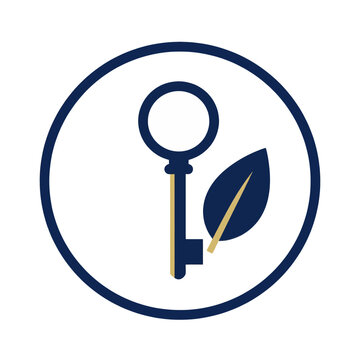 Minimalist icon of a vintage key and a green leaf enclosed in a circular frame representing eco-friendly solutions, sustainability, and organic security concept on white background
