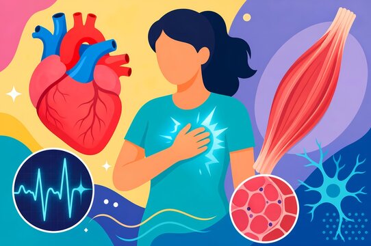 Andersen Tawil syndrome medical graphic illustration showing periodic paralysis cardiac arrhythmia skeletal muscle and ventricular tachycardia ecg wave