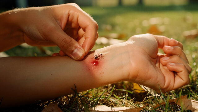 Ant biting human wrist with visible red skin irritation. Close-up of fire ant causing a painful inflamed sting. Medical concept for insect bite treatment and summer safety education.