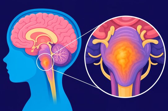 Diffuse intrinsic pontine glioma medical illustration showing brainstem pons tumor dipg in pediatric profile sagittal cross section